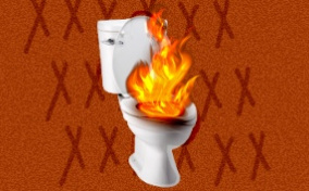 A toilet bowl is on fire with a red X repeated behind it.