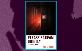 The cover of the book Please Scream Quietly layers over a purple silhouette of a person shushing.