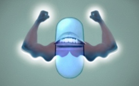 A pill capsule has an upside down smile in the middle and sprouts two flexing arms that have wavy muscles.