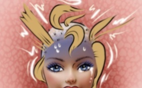 A cartoon Barbie head has squiggly lines and blonde clumps of hair all over her scalp.