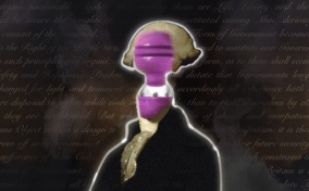 The bust of George Washington with a vibrator in place of his face sits against the Declaration of Independence.