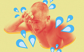 A man leans against his arm in distress after ejaculation as blue water splashes from his red body against a yellow background.