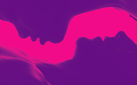 The purple busts of two people lay on top of each other in opposite directions against a pink background.