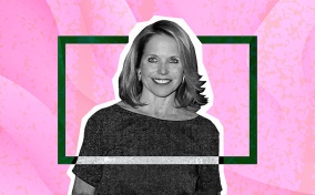 A black and white image of Katie Couric is framed by a green square against a pink textured background.