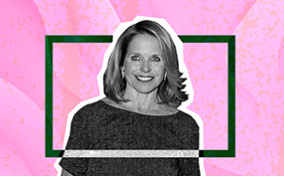 A black and white image of Katie Couric is framed by a green square against a pink textured background.