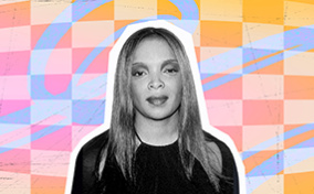 A cropped black and white photo of Marlyne Barrett is on top of colorful pink and yellow squares.