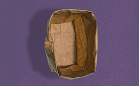 A paper bag stands open with the edges rolled down against a purple background.