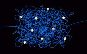 A blue line loops with itself repeatedly in an elaborate squiggle as white dots appear in different places.
