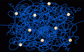 A blue line loops with itself repeatedly in an elaborate squiggle as white dots appear in different places.
