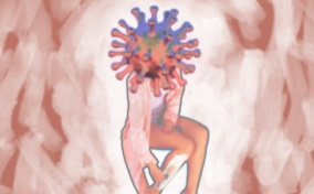 A woman with an STD virus in place of her head shaves her legs with a razor