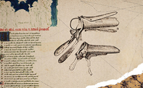 An old book page with aged text has an illustration of speculums next to it.