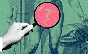A hand is holding a red magnifying glass showing yellow question marks over the testicle area of a green Statue of David.