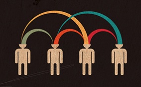 Four stick people's heads are connected by colorful, arched line.