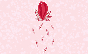 A vulva with leaves at the bottom looks like a flower with seeds falling beneath it.