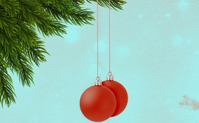 Two red bobbles hang on-strings from a Christmas tree branch.