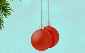 Two red bobbles hang on-strings from a Christmas tree branch.