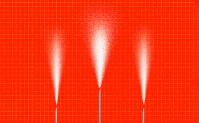 Three needles spray water vapor against a red checkered background.