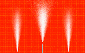 Three needles spray water vapor against a red checkered background.