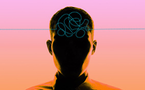 The darkened bust of a person has a blue dotted line going through the brain in circles and twists.