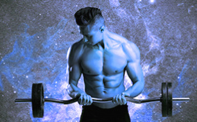A man with big muscles stares at his arm while he lifts weights against a blue starry background.