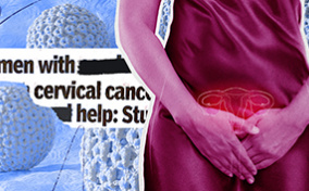 A woman with her hands over her cervix is next to a newspaper clipping about cervical cancer over a set of blue yarn balls.