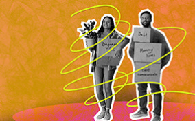 A man and woman stand next to each other holding multiple cardboard boxes labeled with their figurative baggage.