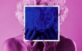 An elderly person with a pink filter holds their head in their hands and a blue, transparent square covers their face.