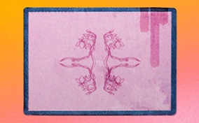 Two drawings of the female reproductive system are mirrored on a pink square against a pink and orange background. 