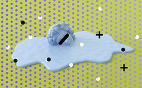 A roman statue head melts into a puddle against a green background and a pattern of purple dots.