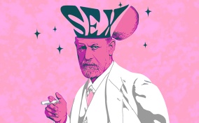 Sigmund Freud stands with a cigarette in his hand as the top of his head opens up to read the word sex.