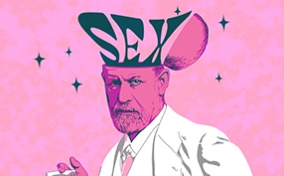 Sigmund Freud stands with a cigarette in his hand as the top of his head opens up to read the word sex.