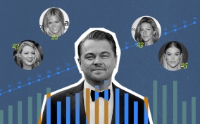 Leonardo DiCaprio is in front of an age graph that increases from 24 to 44 and is surrounded by previous girlfriends in their early 20s.
