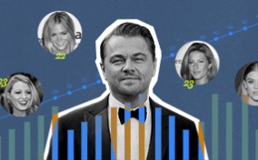 Leonardo DiCaprio is in front of an age graph that increases from 24 to 44 and is surrounded by previous girlfriends in their early 20s.