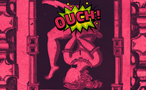 A statue of a woman is on its head with "ouch" written over her crotch and a pink filter over the entire picture.