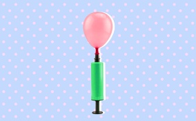 An air pump inflates a pink balloon against a baby blue background with pink dots.