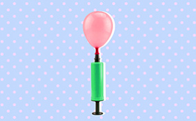 An air pump inflates a pink balloon against a baby blue background with pink dots.