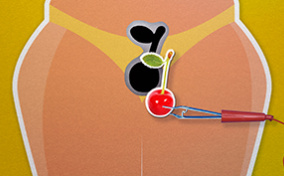 A cherry is being placed in the pelvic region of a female body in a mock operation game.