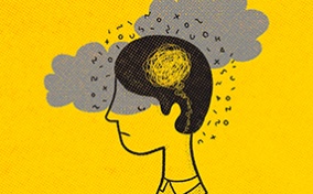 A person has a scribbled lines forming a cloud in their brain against a yellow background with floating letters and grey clouds.