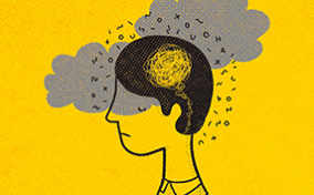 A person has a scribbled lines forming a cloud in their brain against a yellow background with floating letters and grey clouds.