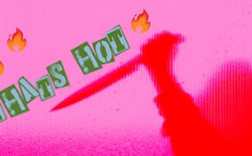 A red outline of a hand holding a knife is underneath the words 'thats hot' and three fire emojis.