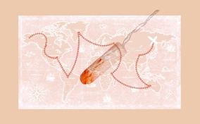 A translucent map of the world with a dotted line from one side to the other overlays a slightly bloodied tampon.