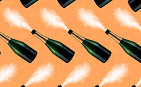 A pattern of champagne bottles are blowing mist instead of liquid against an orange background.