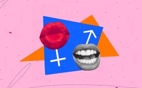 A female gender glyph with kissing lips and a male gender glyph with an toothy smile are against a pink background.