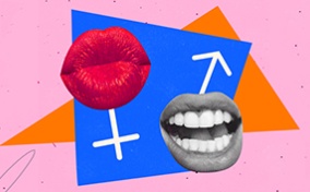 A female gender glyph with kissing lips and a male gender glyph with an toothy smile are against a pink background.