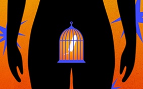 A black silhouette of a female body has a bird cage against the pelvis with a tampon trapped inside.