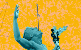 A sword is going deeper into the throat of a man holding flaming juggling sticks.