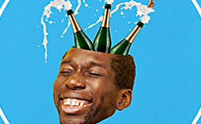 Three champagne bottles protruding from a man's cranium releasing suds.