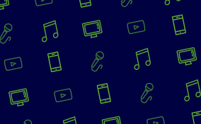 Icons of various media formats are in lime green against a dark blue background.