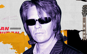 A purple image of Andy Taylor layers atop a yellow and white collage of a Duran Duran album.
