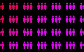 Various combinations of genders are patterned in pink against a black background.